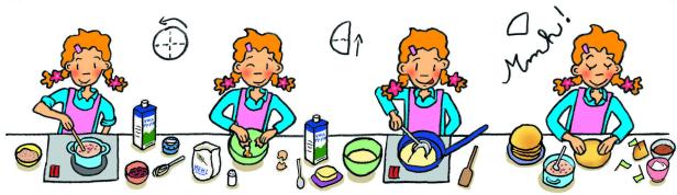 Eine Illustration zeigt ein Mädchen, das Pfannkuchen zubereitet.