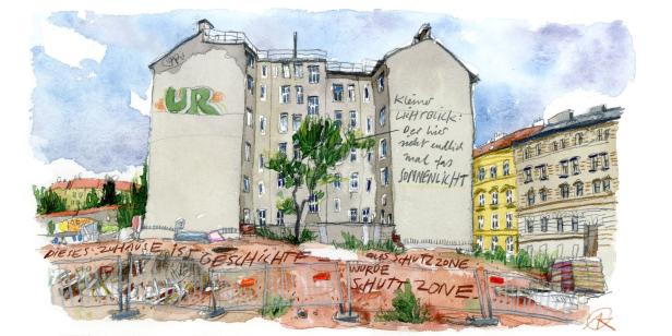 Aquarellzeichnung eines abrissreifen Gebäudes mit Graffiti und Bauzäunen.