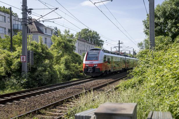 Ein Zug fährt auf der Verbindungsbahn.