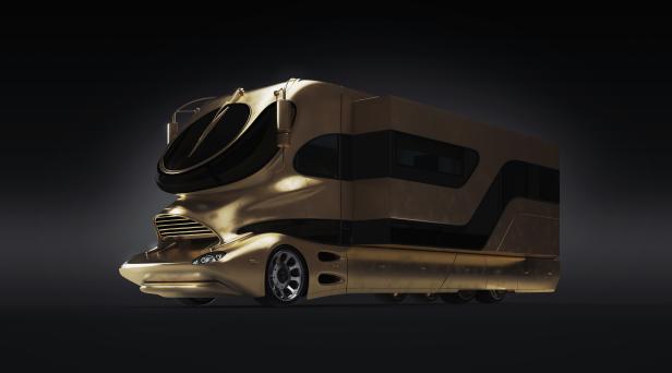 Ein futuristisches, goldenes Wohnmobil vor einem dunklen Hintergrund.
