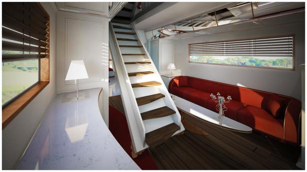 Innenansicht eines luxuriösen Raumes mit Treppe, rotem Sofa und Blick ins Grüne.