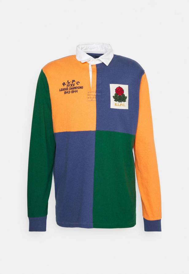 Ein Rugby-Shirt mit Blockfarben und dem Logo des R.L.F.C..