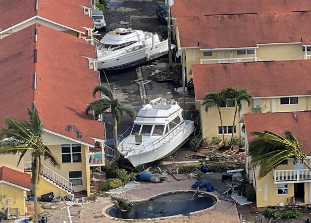 An aerial view of damaged boats after Hurricane Ian caused widespread destruction in Fort Myers