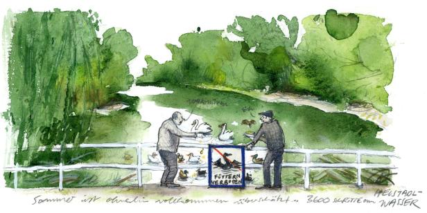 Aquarellzeichnung von zwei Männern, die Enten und Schwäne an einem Fluss füttern, trotz eines „Füttern verboten“-Schildes.