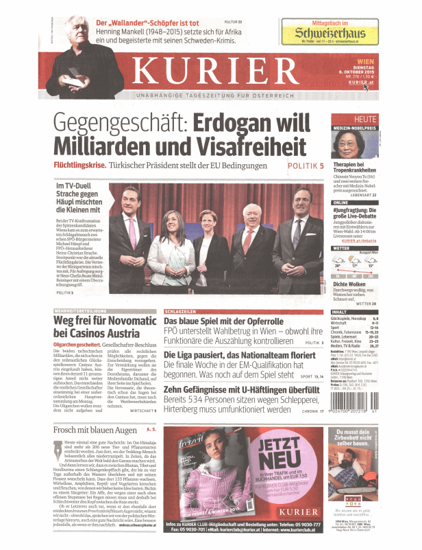 Titelseite des Kurier vom 6. Oktober 2015 mit Nachrichten über Politik, Wirtschaft und Kultur.