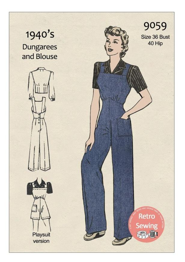 Eine Illustration eines Schnittmusters aus den 1940er Jahren für eine Latzhose und eine Bluse.