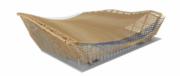 Die Holzkonstruktion eines Schwimmzentrums im Bau.