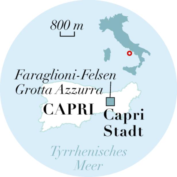 Eine Karte von Capri mit den Faraglioni-Felsen, der Grotta Azzurra und Capri Stadt.