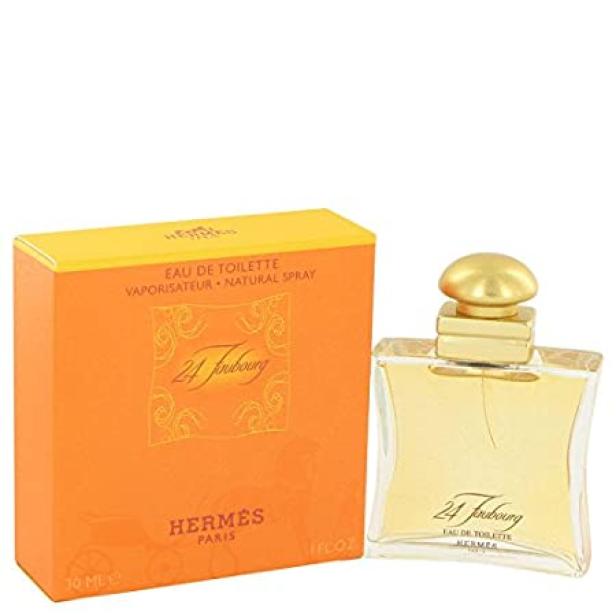 Eine Flasche und Verpackung von „24 Faubourg“ Eau de Toilette von Hermès.