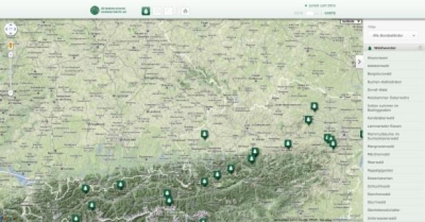 Waldwunder.at/Österreichische Bundesforste/Ovos Eine Karte von Österreich mit Markierungen für verschiedene Waldgebiete.