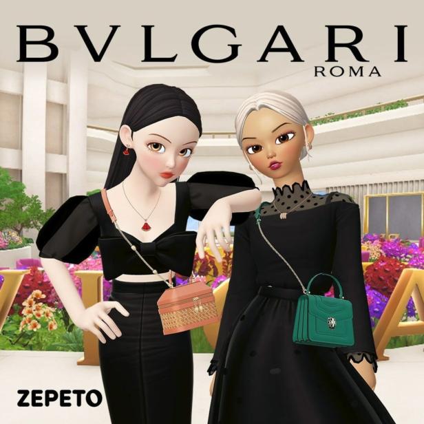 Zwei stilisierte Avatare präsentieren Mode von Bulgari und Zepeto.