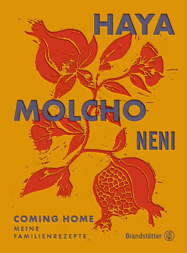 Das Cover des Kochbuchs „Coming Home“ von Haya Molcho Neni mit Granatapfel-Illustrationen.