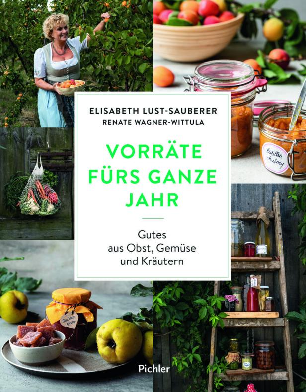 Das Cover des Buches „Vorräte fürs ganze Jahr“ mit Fotos von Obst, Gemüse und Eingemachtem.