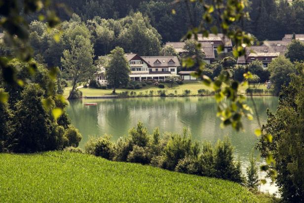 Ein See mit Häusern am Ufer, umgeben von grüner Natur.