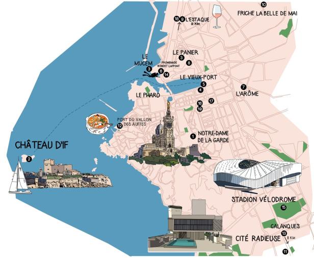Eine illustrierte Karte von Marseille mit Sehenswürdigkeiten wie Château d'If und Notre-Dame de la Garde.
