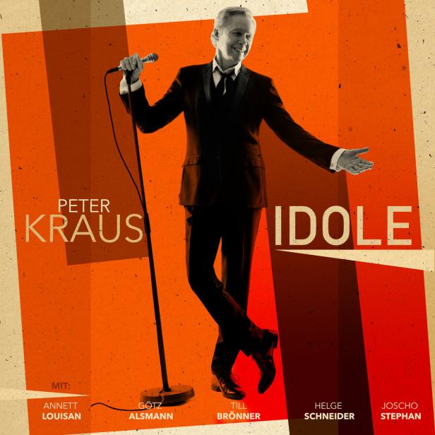 Peter Kraus, im Anzug mit Mikrofon, auf einem Werbeplakat für „Idole“.