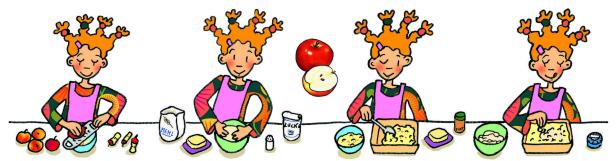 Eine Illustration zeigt ein Mädchen, das in vier Schritten einen Apfelkuchen backt.