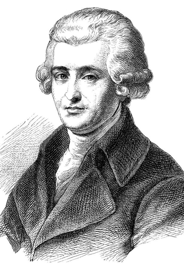 Eine Strichzeichnung von Immanuel Kant mit Perücke und Jacke.