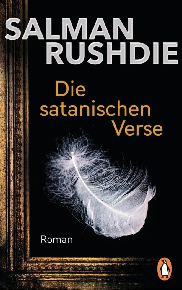 Das Cover des Romans „Die satanischen Verse“ von Salman Rushdie mit einer Feder.