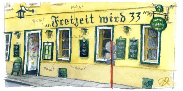 Aquarellzeichnung eines gelben Gebäudes mit der Aufschrift „Freizeit wird 33“.