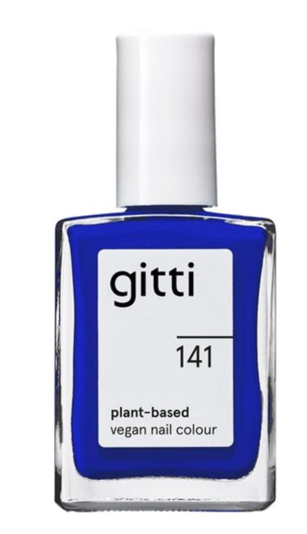 Eine Flasche blauer, veganer Nagellack der Marke Gitti, Farbton 141.