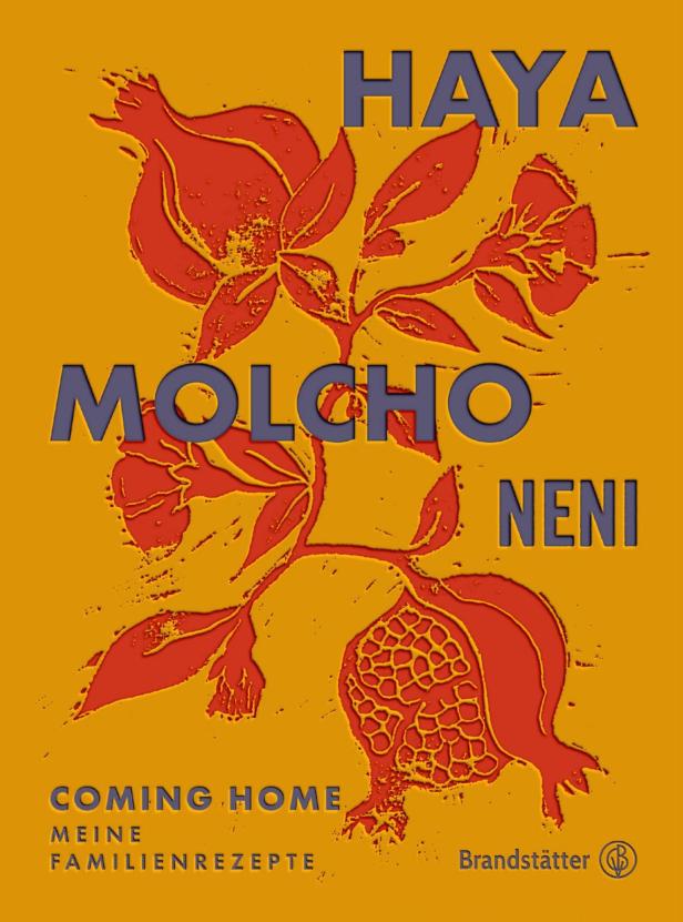 Das Cover des Kochbuchs „Coming Home“ von Haya Molcho Neni mit Granatapfel-Illustrationen.