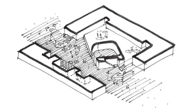 Eine skizzenhafte Darstellung eines architektonischen Entwurfs mit Innenhof.