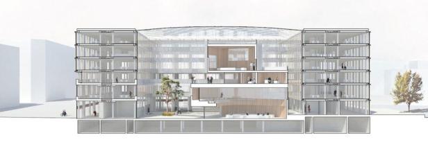 Ein Querschnitt eines Bürogebäudes mit fünf Etagen und einem begrünten Innenhof.