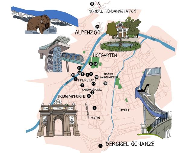 Eine illustrierte Karte von Innsbruck mit Sehenswürdigkeiten wie Alpenzoo und Bergisel Schanze.