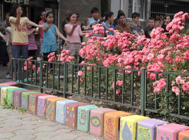 Eine Gruppe Kinder steht vor einem Beet mit rosa Rosen.