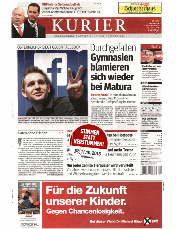 Titelseite der österreichischen Tageszeitung „Kurier“ vom 7. Oktober 2015.