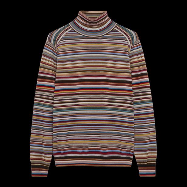 Ein gestreifter Rollkragenpullover in verschiedenen Farben.