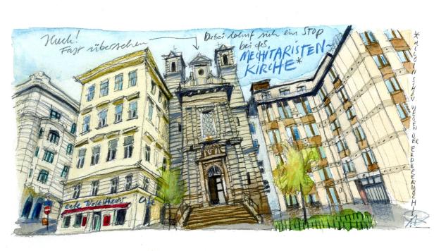 Eine Aquarellzeichnung der Mechitaristenkirche in Wien, umgeben von anderen Gebäuden.