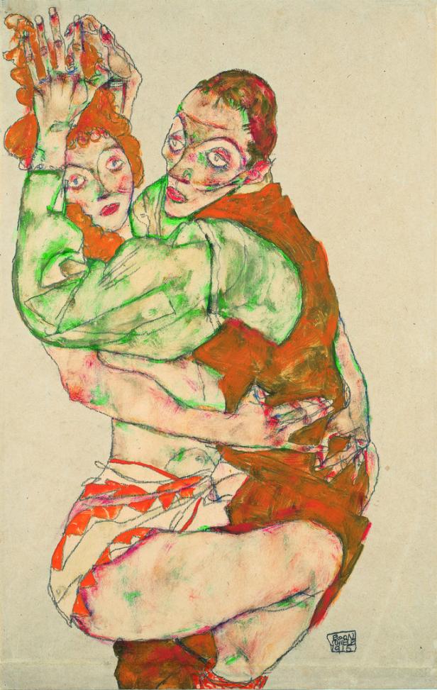 Egon Schiele umarmt eine rothaarige Frau in einer expressiven Zeichnung.