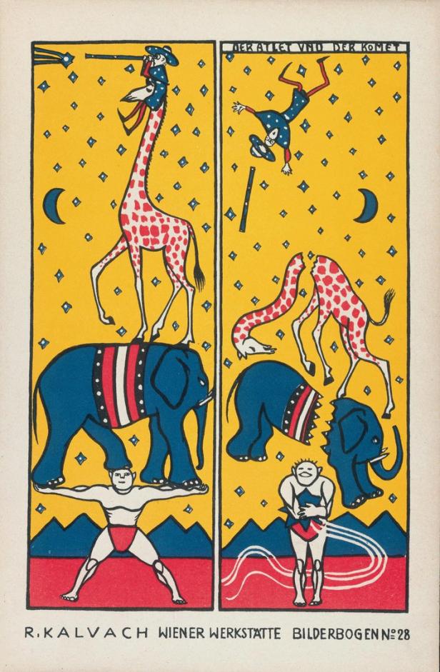Ein stilisierter Zirkusartist balanciert einen Elefanten, auf dem eine Giraffe mit einem Mann steht.
