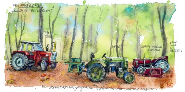 Aquarellzeichnung von drei Oldtimer-Traktoren in einem Waldstück.