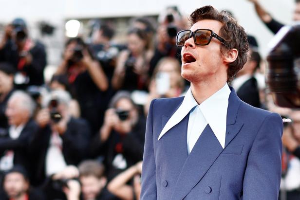 Harry Styles posiert auf einem roten Teppich vor einer Menge Fotografen.