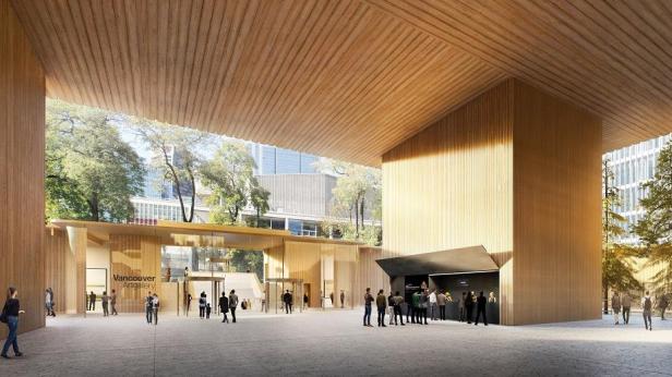 Das Vancouver Art Gallery Gebäude mit Menschen davor.