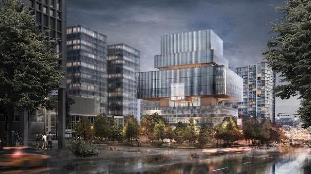 Die Vancouver Art Gallery und umliegende Gebäude in der Abenddämmerung.