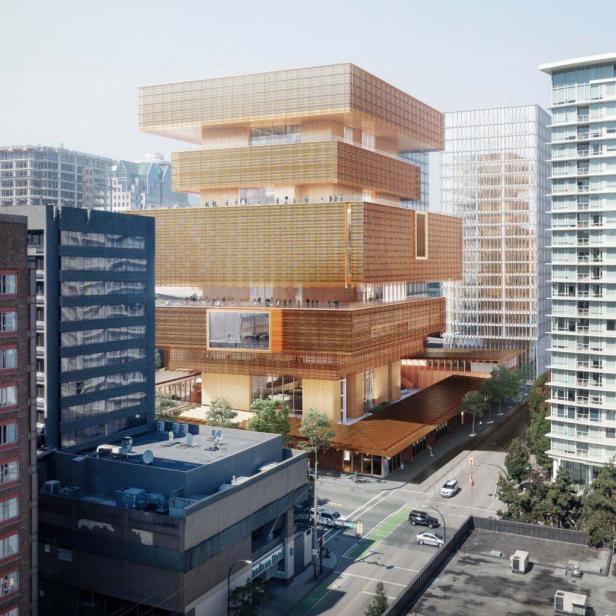 Ein Entwurf für die neue Vancouver Art Gallery, ein Gebäude aus aufeinandergestapelten, holzverkleideten Blöcken.