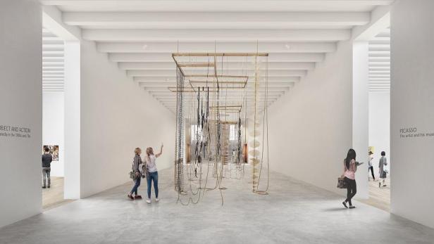 Besucher betrachten eine hängende Installation in der Vancouver Art Gallery.