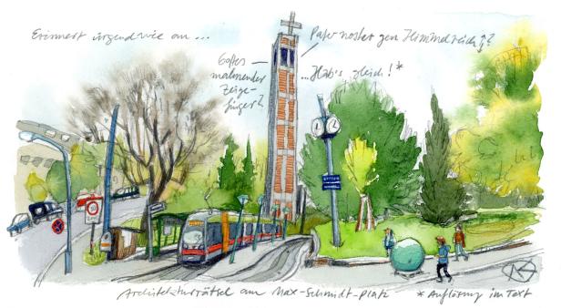 Eine Aquarellzeichnung des Max-Schmidt-Platzes mit Straßenbahn und Kirchturm.