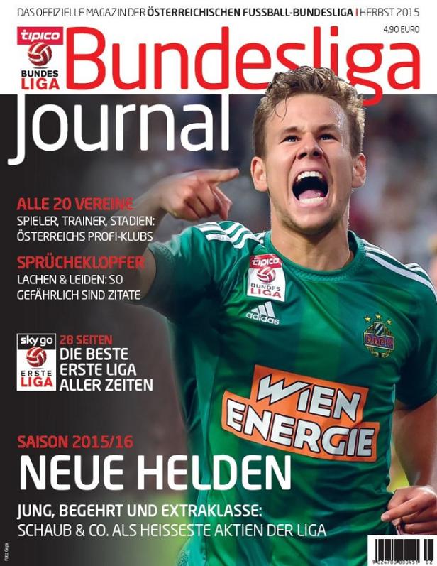 Bundesliga Journal, Cover vollständig, Mediaprint Publishing Ein Cover des Bundesliga Journals mit einem jubelnden Fußballspieler im Rapid Wien Trikot.
