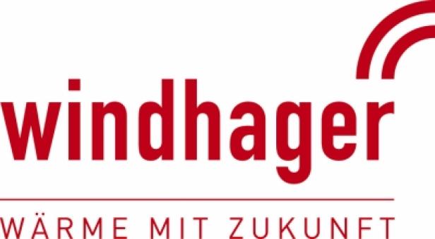 Das Logo von Windhager, einem Unternehmen für Heiztechnik, mit dem Slogan „Wärme mit Zukunft“.