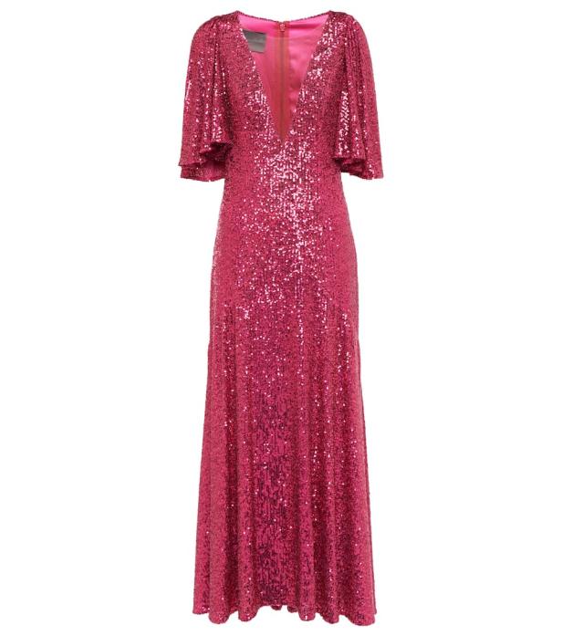 Ein langes, pinkfarbenes Paillettenkleid mit V-Ausschnitt und kurzen Ärmeln.
