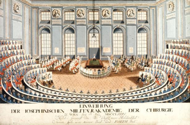 Eine historische Darstellung der Einweihung der Josephinischen Militärakademie der Chirurgie in Wien.