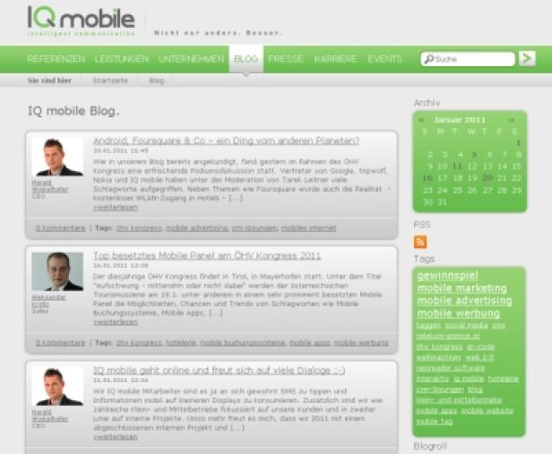 IQ-mobile.at Die Webseite des IQ mobile Blogs mit Artikeln und einem Kalender für Januar 2011.