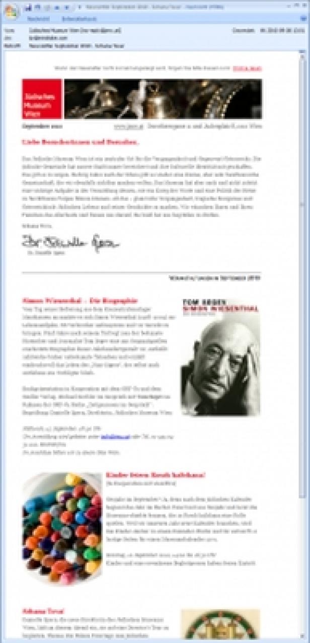 Ein Screenshot eines Newsletters des Jüdischen Museums Wien.