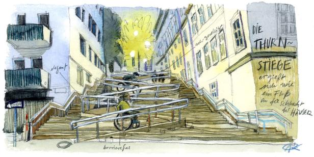 Eine Illustration der Thurnstiege, einer langen Treppe in einer Stadt, mit Radfahrern.