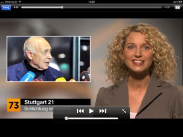 Eine Nachrichtensendung über Stuttgart 21 mit einer Frau im Studio und einem Interviewgast.